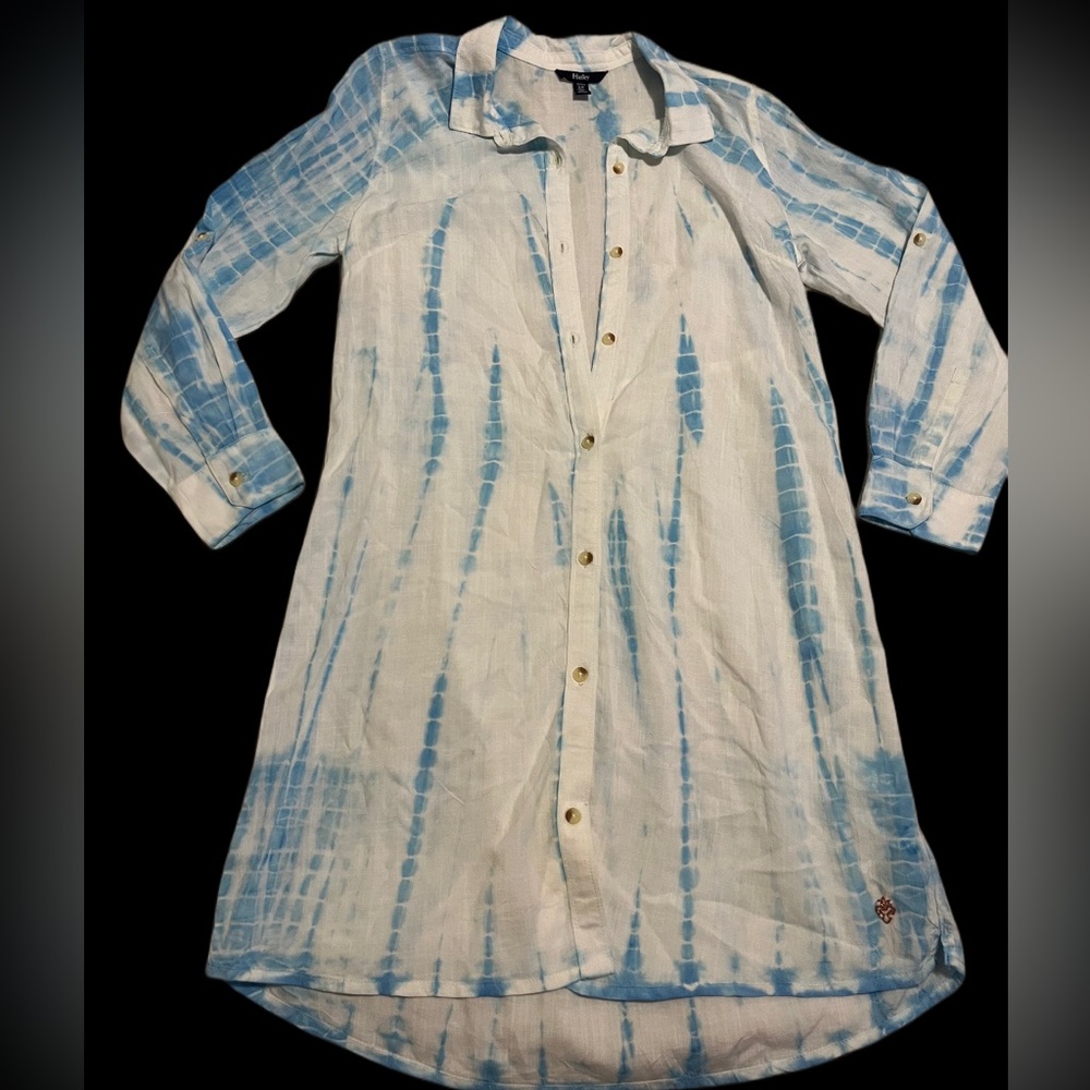 Hatley button up shirt dress size small tie dye sky blue